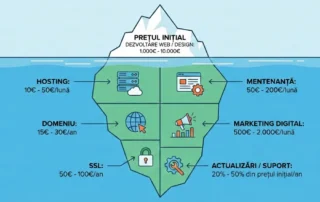 Ilustrație de tip iceberg care explică structura costurilor pentru un site web. Deasupra apei este vizibil „Prețul Inițial” de dezvoltare (1.000€ - 10.000€), iar sub apă sunt detaliate costurile recurente: Hosting, Domeniu, SSL, Mentenanță, Marketing Digital și Actualizări tehnice, fiecare cu cifre orientative.
