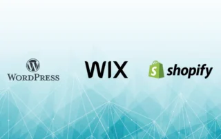 Logo-urile WordPress, Wix si Shopify pe fundal albastru – comparatie platforme pentru site si magazin online in 2026