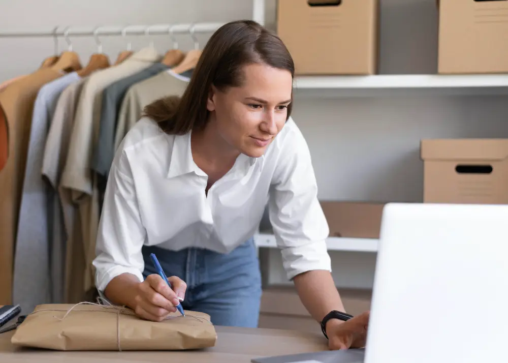 Persoană lucrând la laptop cu documente și materiale de studiu, ilustrând analiza și implementarea sistemelor de plată pentru magazine online românești