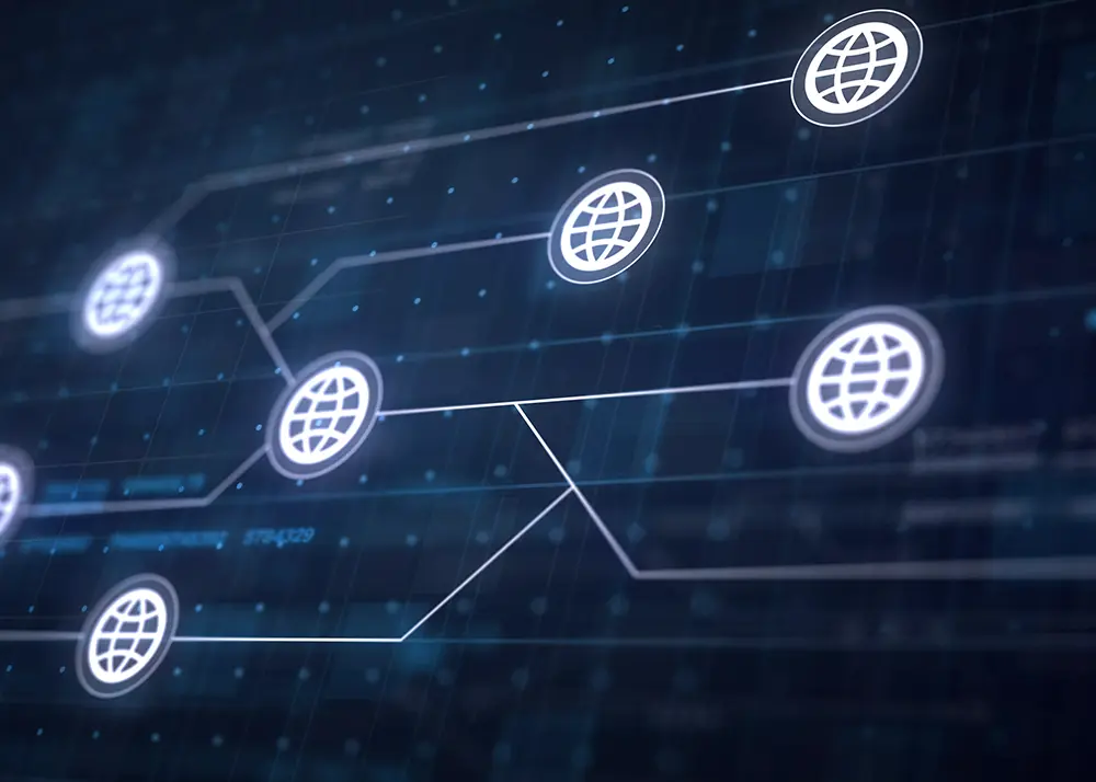 Grafică conceptuală reprezentând rețele de link building și conexiuni între site-uri web